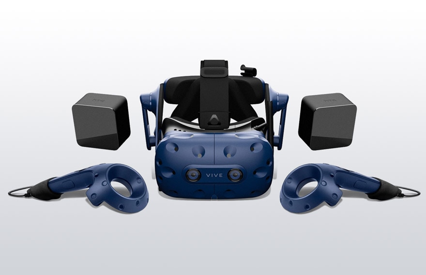 VIVE Pro Secure headset, two base stations, and two controllers